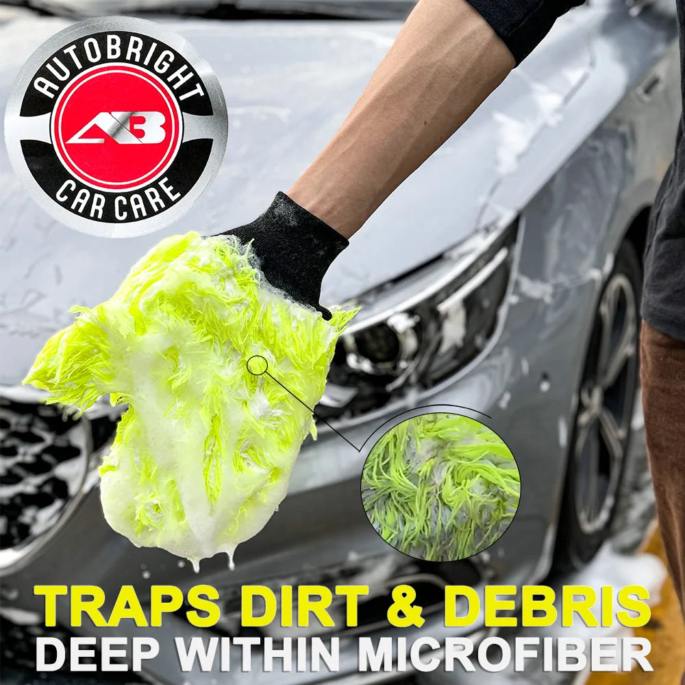 3pcs Microfiber Glove Set Non-Scratch Car Wash Mitt - Fluorescent Yellow
