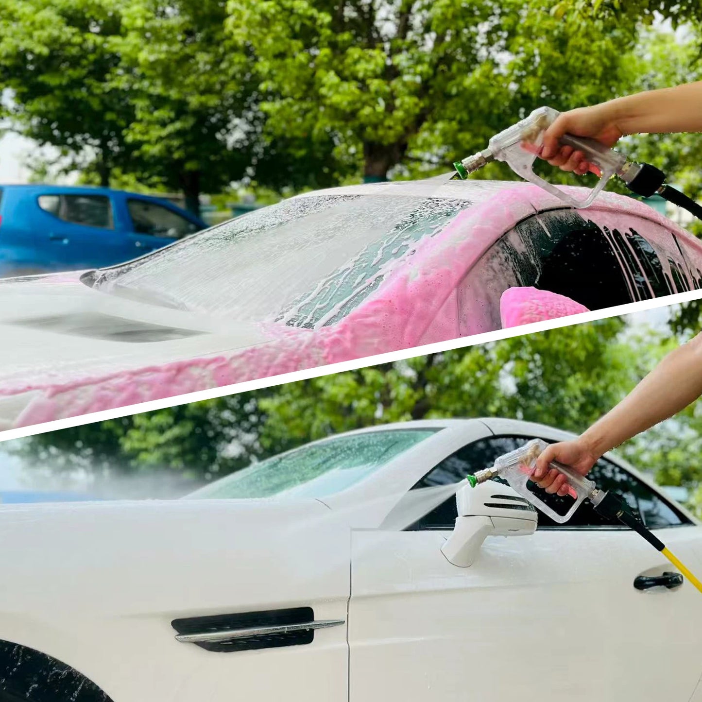ALL-CLEAR Stubby Pistol Spray Gun - Transparent Clear with Pink Trigger Accent - Convenient Pressure Washer Upgrade with 1/4" Quick Connector + 5 Spray Nozzle Tips Set