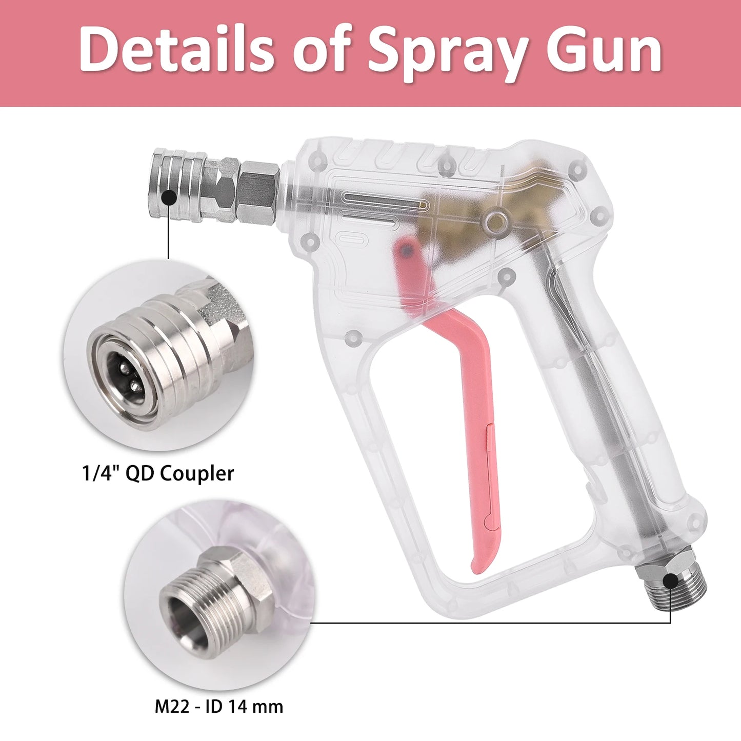 ALL-CLEAR Stubby Pistol Spray Gun - Transparent Clear with Pink Trigger Accent - Convenient Pressure Washer Upgrade with 1/4" Quick Connector + 5 Spray Nozzle Tips Set