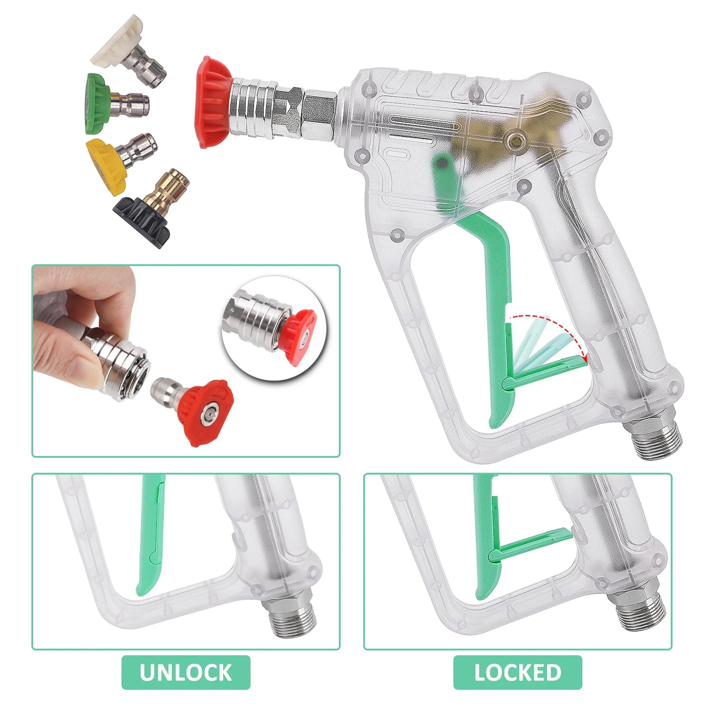 ALL-CLEAR Stubby Pistol Spray Gun - Transparent Clear with Green Trigger Accent - Convenient Pressure Washer Upgrade with 1/4" Quick Connector + 5 Spray Nozzle Tips Set