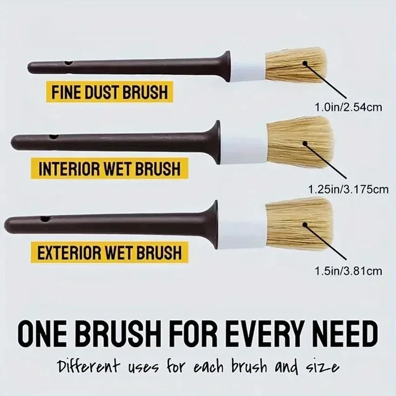 3PC Auto Detail Cleaning Brush Set - Boar Hair Bristle