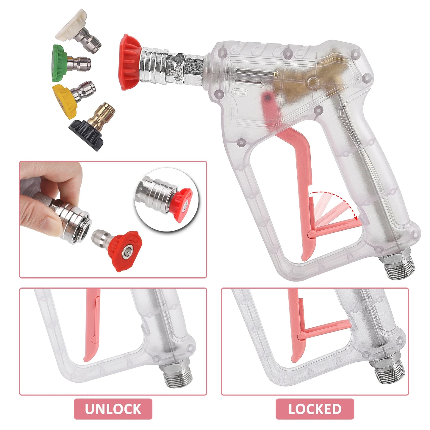 ALL-CLEAR Stubby Pistol Spray Gun - Transparent Clear with Pink Trigger Accent - Convenient Pressure Washer Upgrade with 1/4" Quick Connector + 5 Spray Nozzle Tips Set