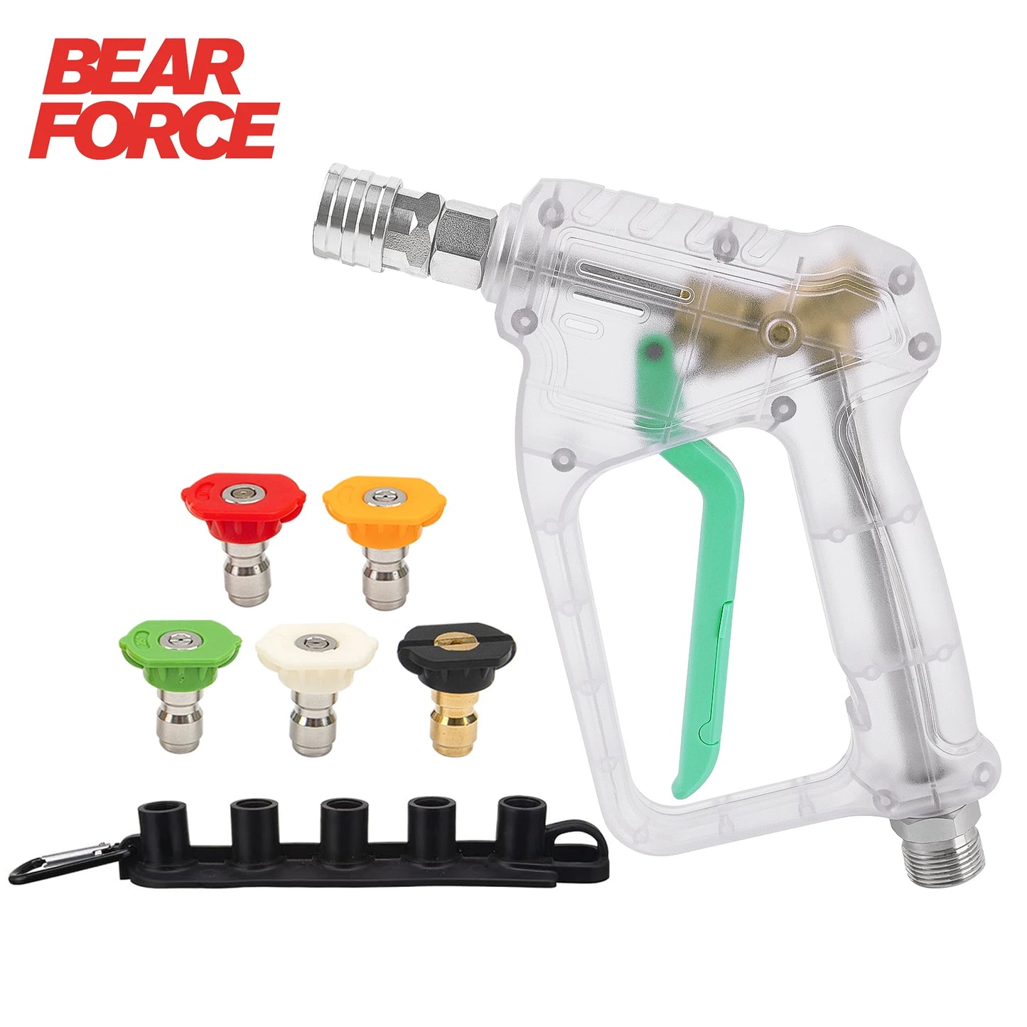 ALL-CLEAR Stubby Pistol Spray Gun - Transparent Clear with Green Trigger Accent - Convenient Pressure Washer Upgrade with 1/4" Quick Connector + 5 Spray Nozzle Tips Set