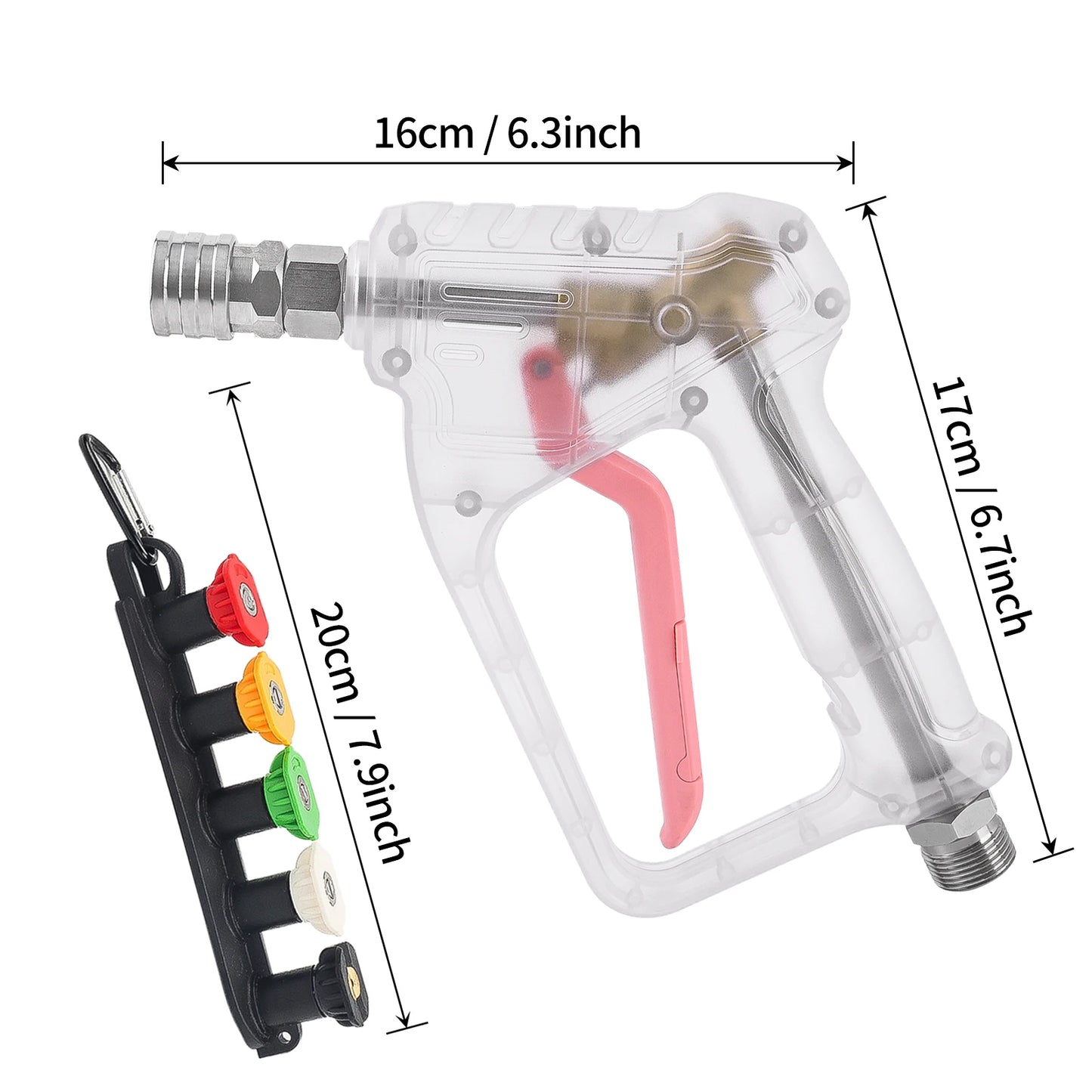 ALL-CLEAR Stubby Pistol Spray Gun - Transparent Clear with Pink Trigger Accent - Convenient Pressure Washer Upgrade with 1/4" Quick Connector + 5 Spray Nozzle Tips Set