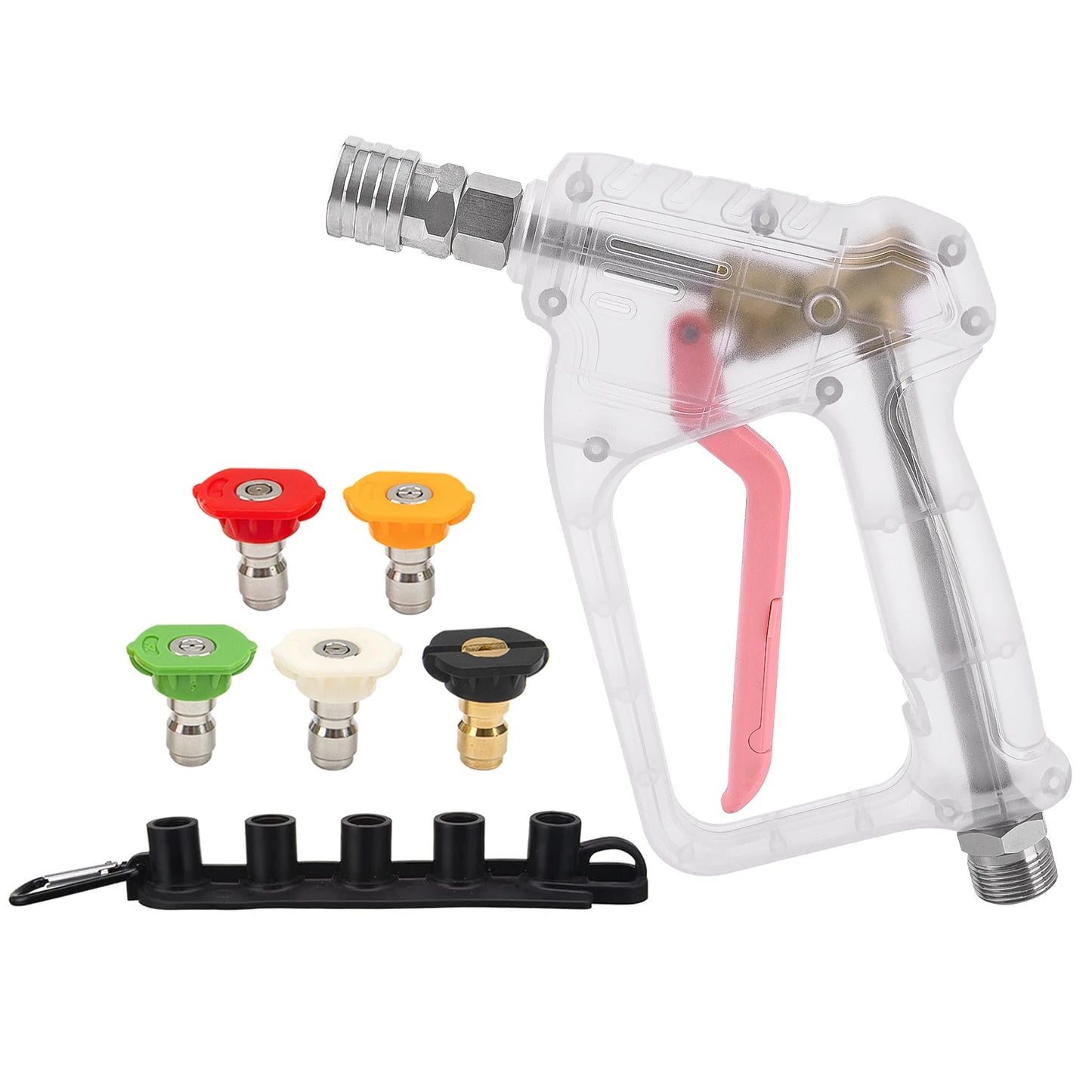 ALL-CLEAR Stubby Pistol Spray Gun - Transparent Clear with Pink Trigger Accent - Convenient Pressure Washer Upgrade with 1/4" Quick Connector + 5 Spray Nozzle Tips Set