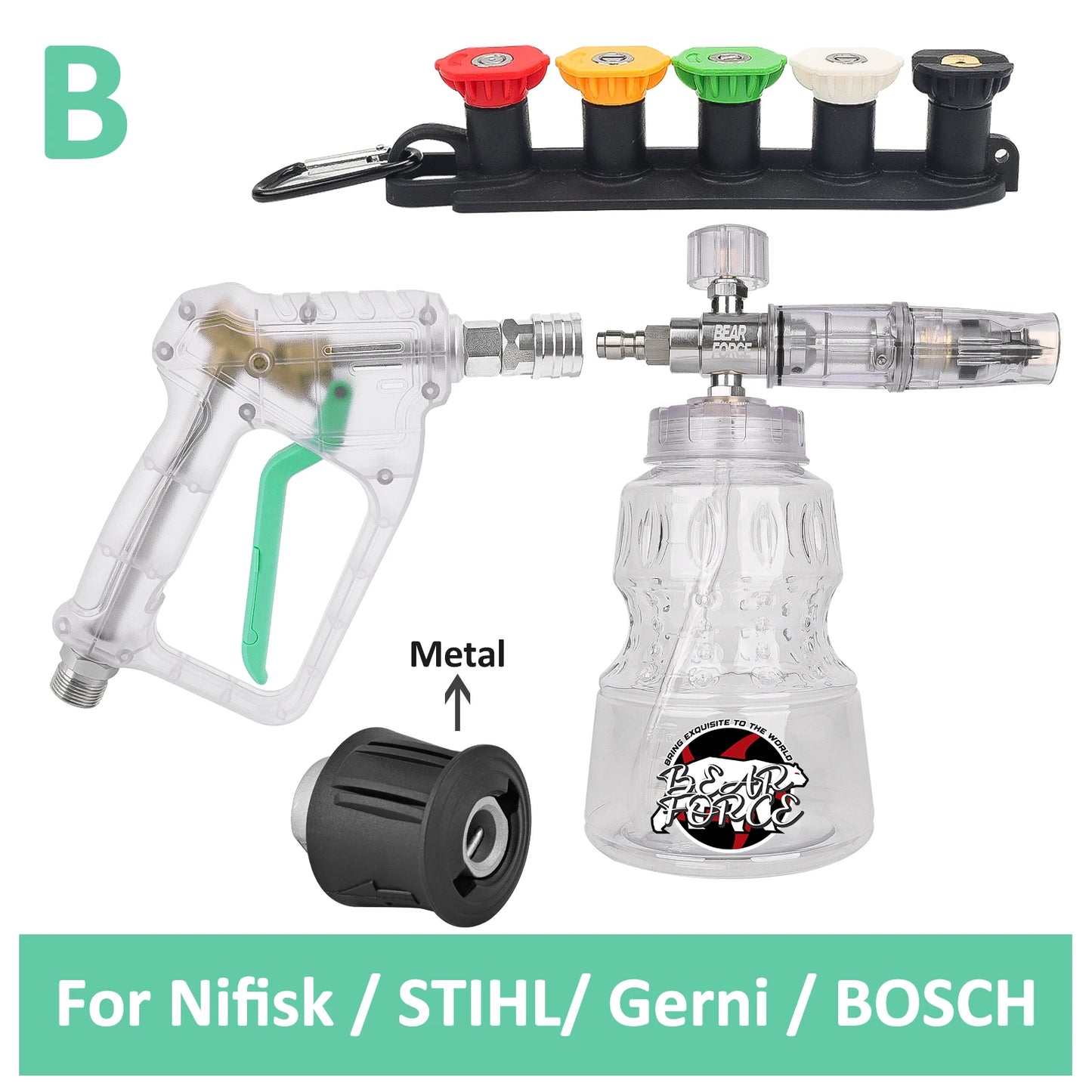 ALL-CLEAR Foam Cannon and Stubby Pistol Sprayer Combo by BearForce for Karcher Nilfisk Parkside Bosch Quick Connector Nozzles