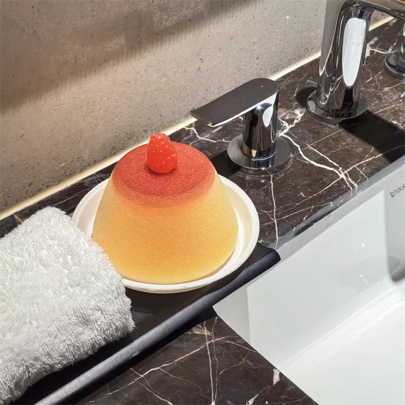 Cute Flan Custard Pudding Sponge Bath Balls for Wash and Scrub, comes with soap & tray
