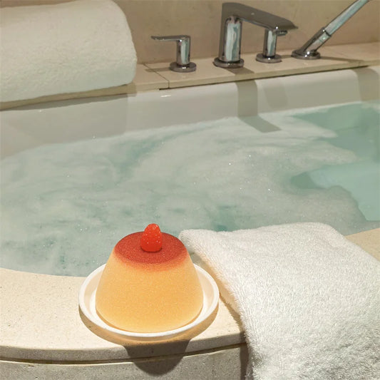 Cute Flan Custard Pudding Sponge Bath Balls for Wash and Scrub, comes with soap & tray