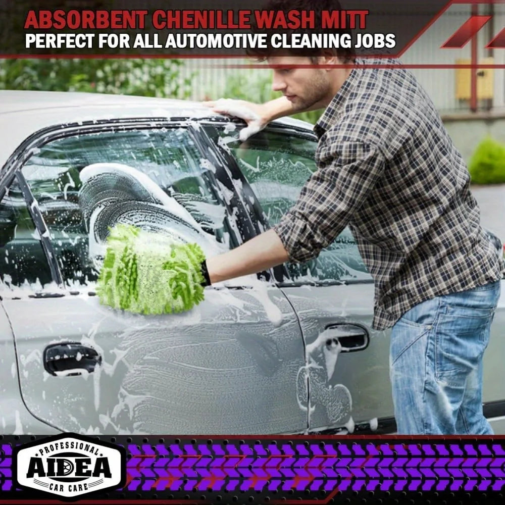 Green Chenille Car Wash Microfiber Mitt - Scratch Free