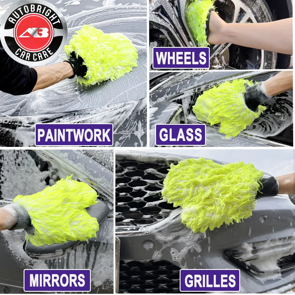 3pcs Microfiber Glove Set Non-Scratch Car Wash Mitt - Fluorescent Yellow