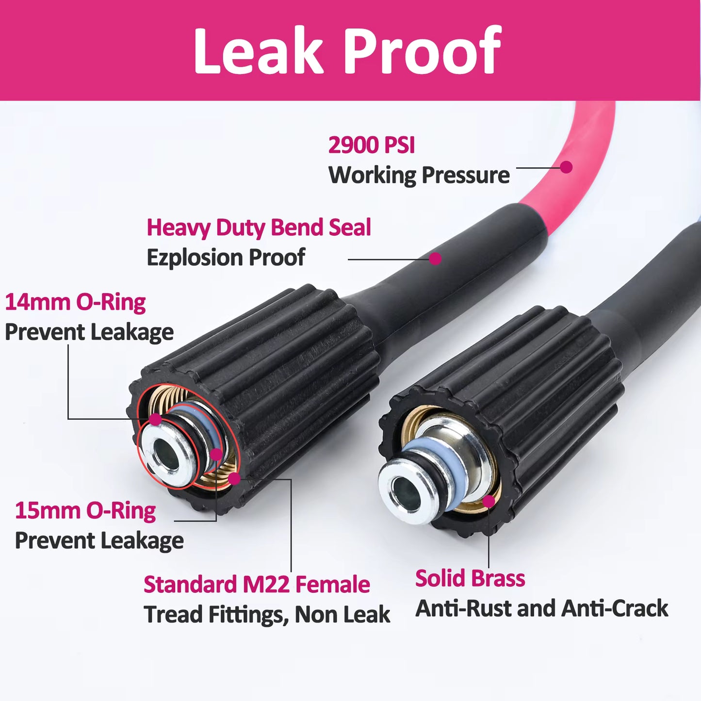 2900PSI Super Flexible Hot Pink Pressure Washer Hose Kink Resistant Extension M22 ShineShop.xyz.