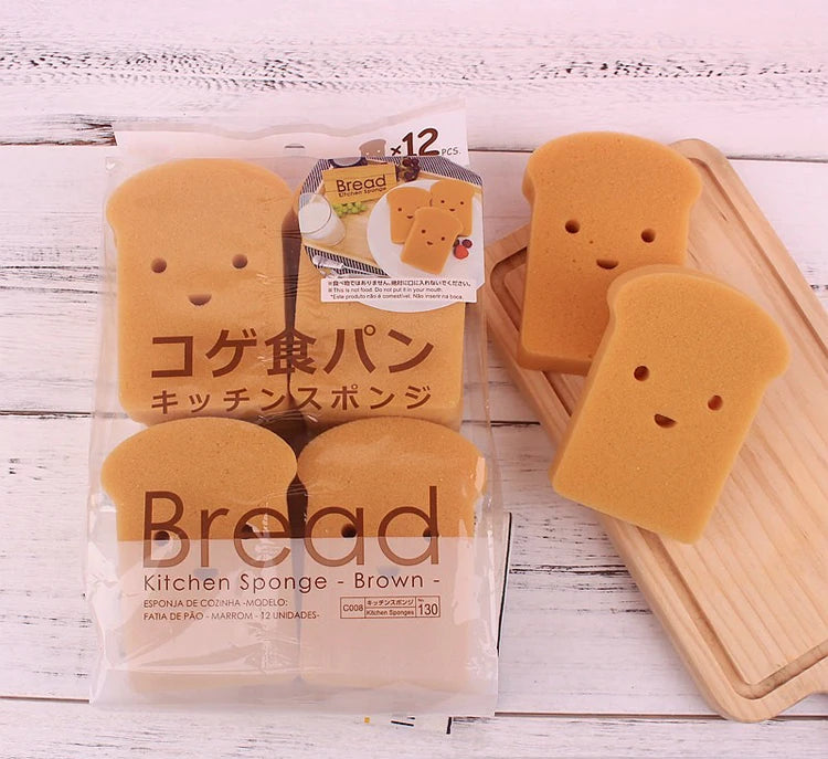 12pcs Smiley Bread Shaped Sponges, Innovative Dishwashing Pad Reusable Japanese Toast Kitchen Sponge