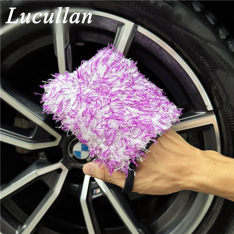 Lucullan Ultra Plush Mitt Set - Purple Car Detailing Microfiber Accessories for Wheels, Grills, Paint and Tight Areas