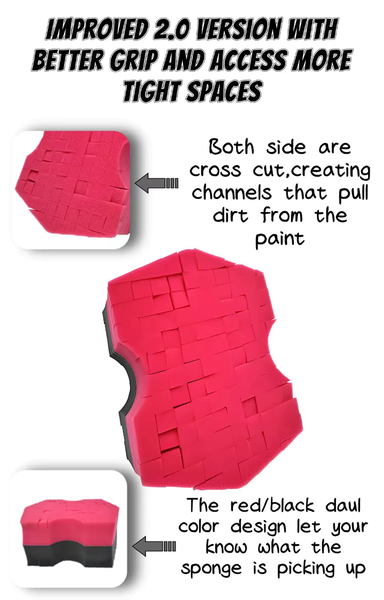 Big Grid 2.0 Double Side Cross-Cut Sponge - Better Grip and Access Tight Spaces for Rinse-less Car Wash