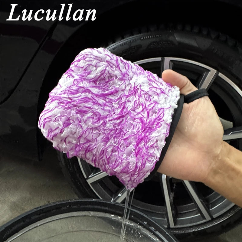 Lucullan Ultra Plush Mitt Set - Purple Car Detailing Microfiber Accessories for Wheels, Grills, Paint and Tight Areas
