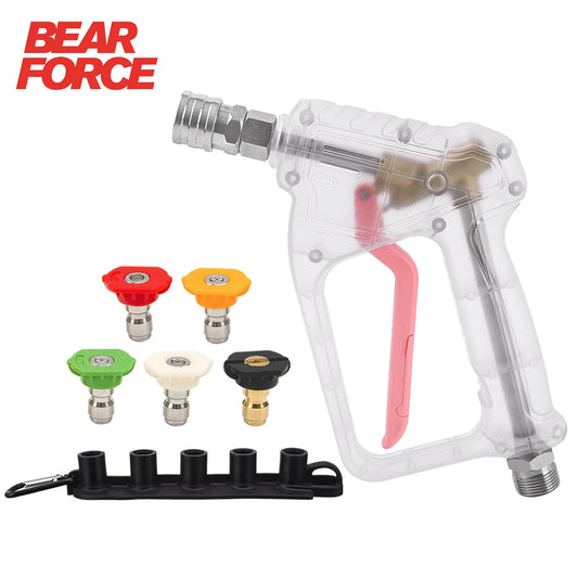 ALL-CLEAR Stubby Pistol Spray Gun - Transparent Clear with Pink Trigger Accent - Convenient Pressure Washer Upgrade with 1/4" Quick Connector + 5 Spray Nozzle Tips Set