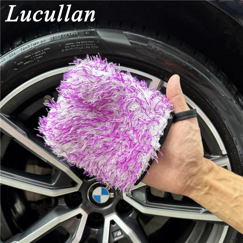 Lucullan Ultra Plush Mitt Set - Purple Car Detailing Microfiber Accessories for Wheels, Grills, Paint and Tight Areas