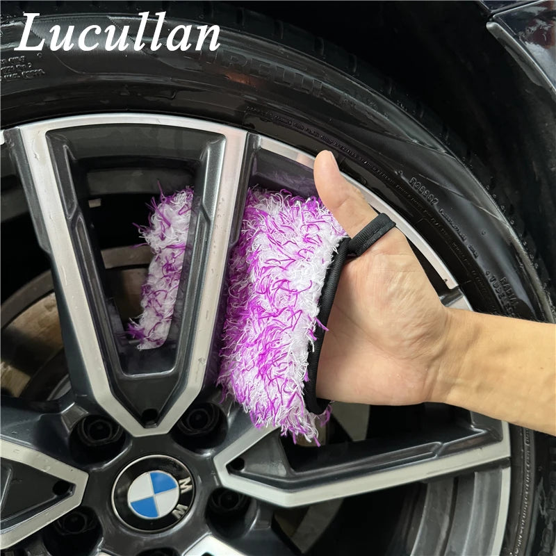 Lucullan Ultra Plush Mitt Set - Purple Car Detailing Microfiber Accessories for Wheels, Grills, Paint and Tight Areas