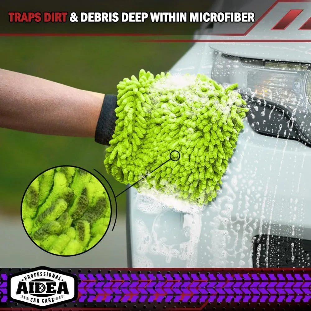 Green Chenille Car Wash Microfiber Mitt - Scratch Free
