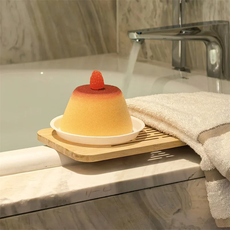 Cute Flan Custard Pudding Sponge Bath Balls for Wash and Scrub, comes with soap & tray