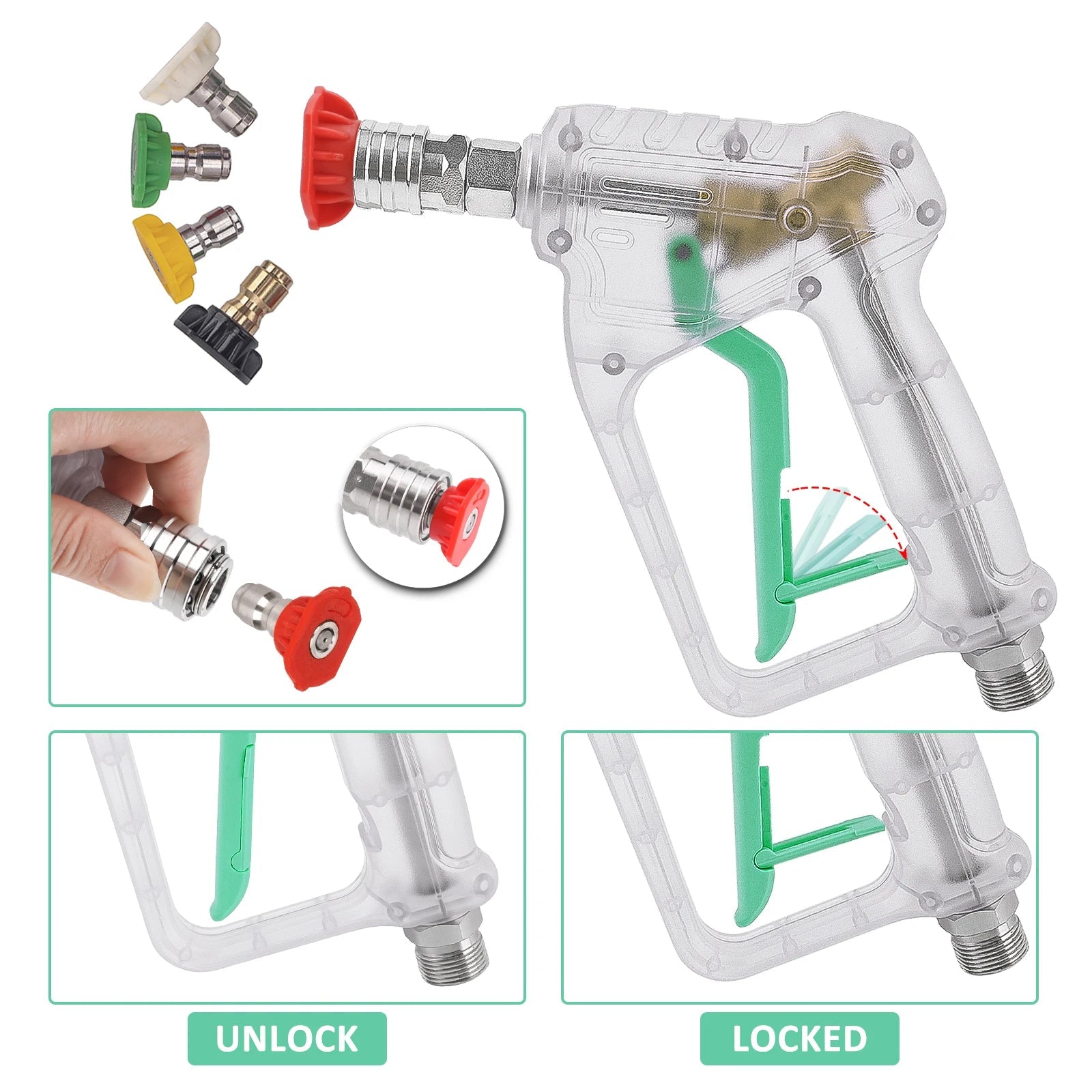 Stubby Pistol Spray Gun - Transparent Clear with Green Trigger Accent - Pressure Washer Upgrade with Quick Connector ShineShop.xyz.