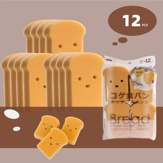 12pcs Smiley Bread Shaped Sponges, Innovative Dishwashing Pad Reusable Japanese Toast Kitchen Sponge