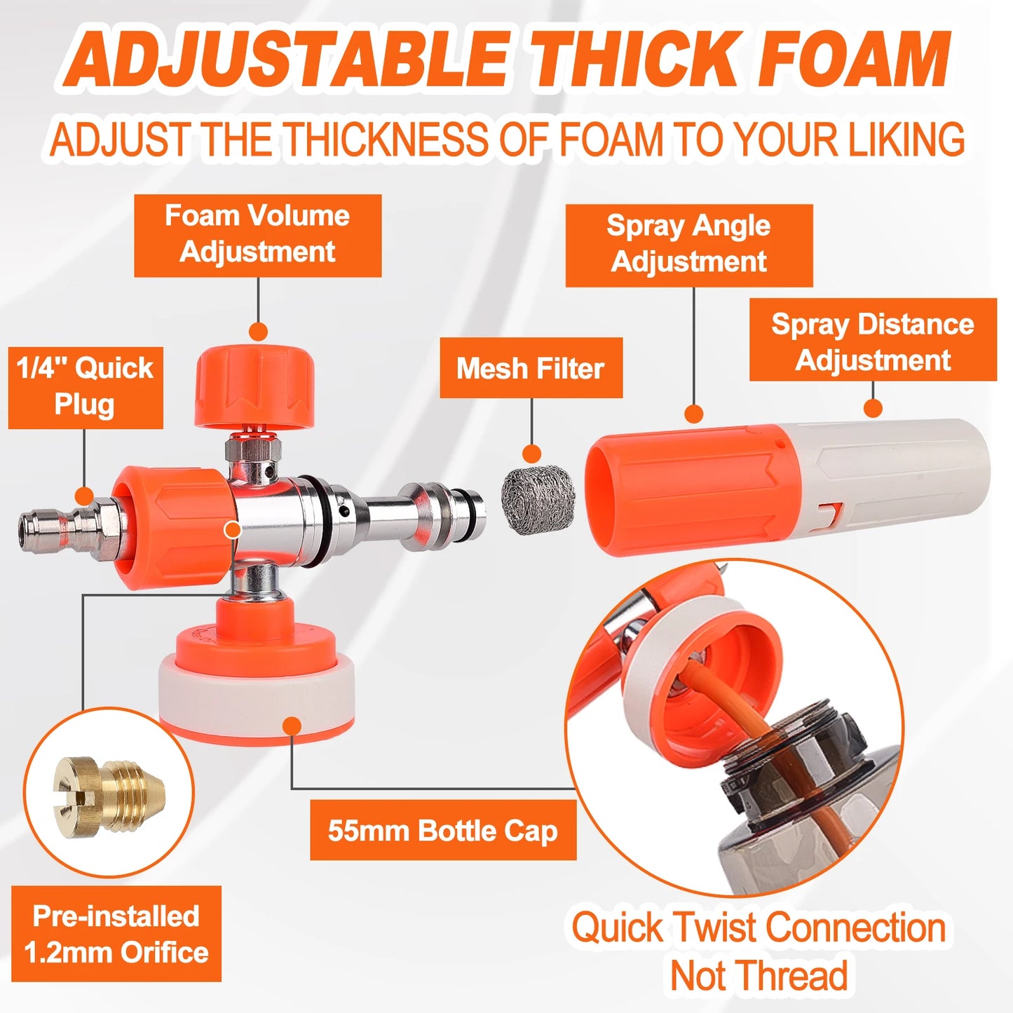 Orange Upgraded Pressure Washer Foam Cannon - 1/4” Quick Connect