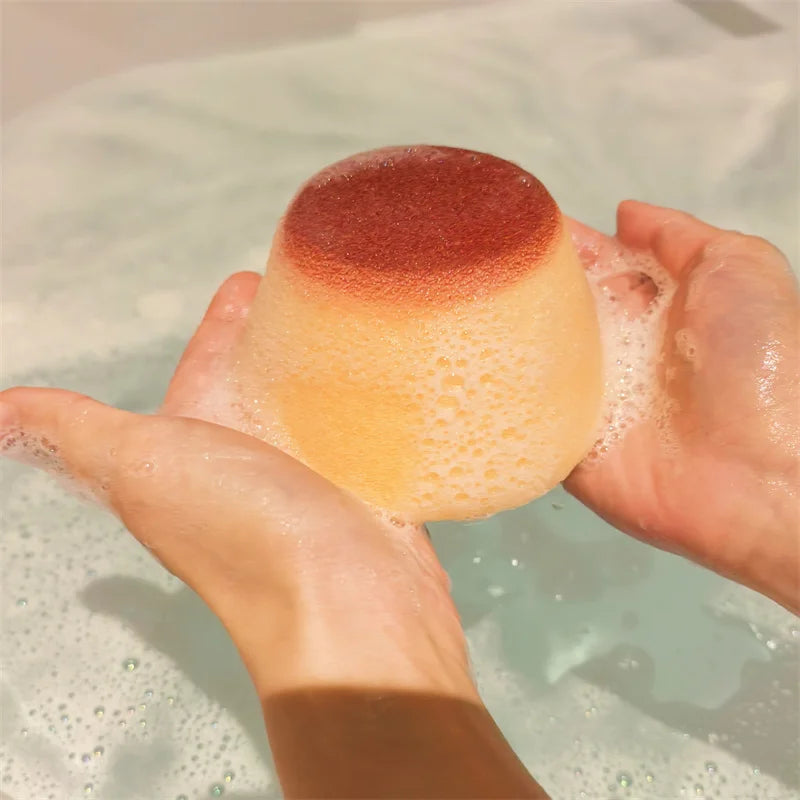 Cute Flan Custard Pudding Sponge Bath Balls for Wash and Scrub, comes with soap & tray