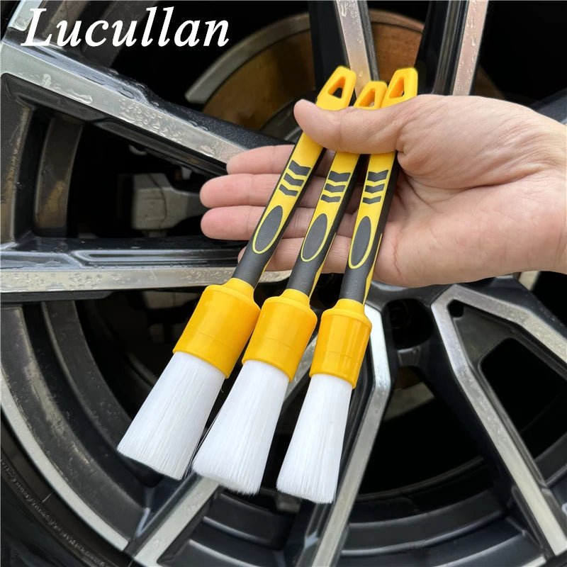 Lucullan White Nylon Bristle Car Detail Brushes Non-Slip Soft Rubber Handle ShineShop.xyz.