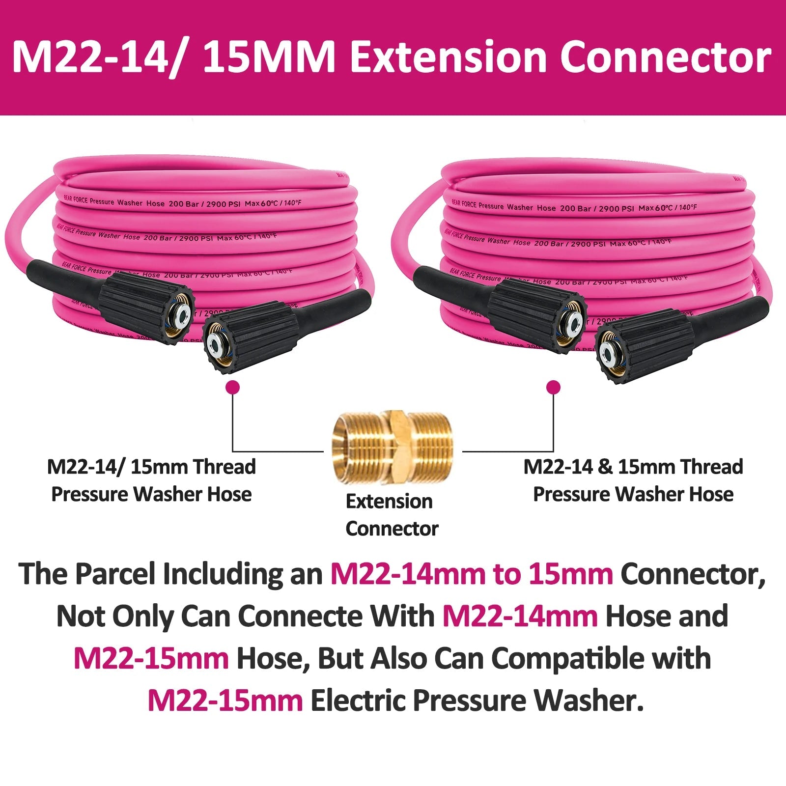 2900PSI Super Flexible Hot Pink Pressure Washer Hose Kink Resistant Extension M22 ShineShop.xyz.