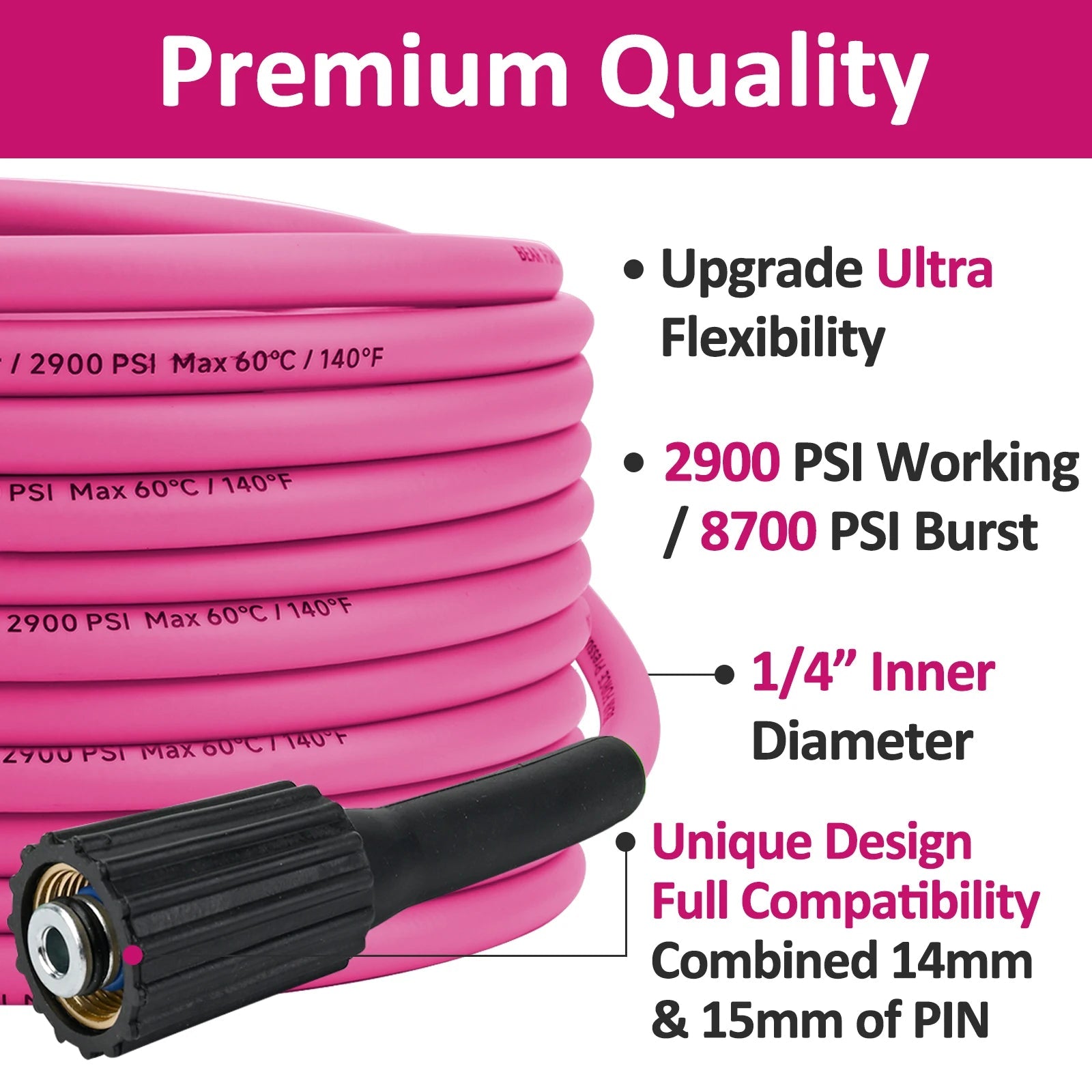 2900PSI Super Flexible Hot Pink Pressure Washer Hose Kink Resistant Extension M22 ShineShop.xyz.