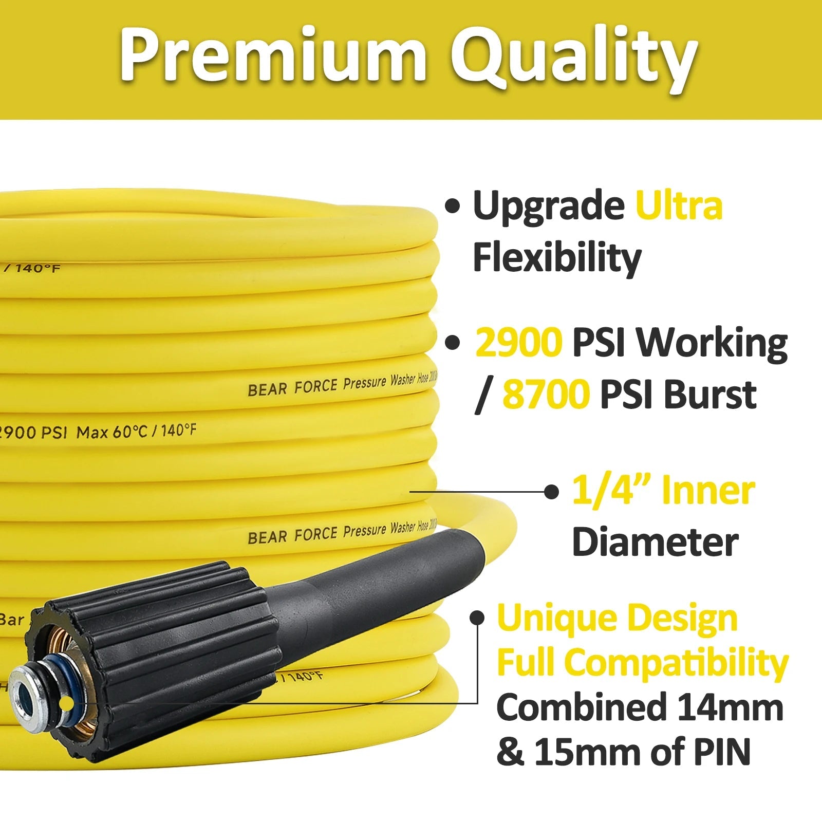 2900psi Super Flexible Yellow Pressure Washer Hose Kink Resistant Extension M22 ShineShop.xyz.