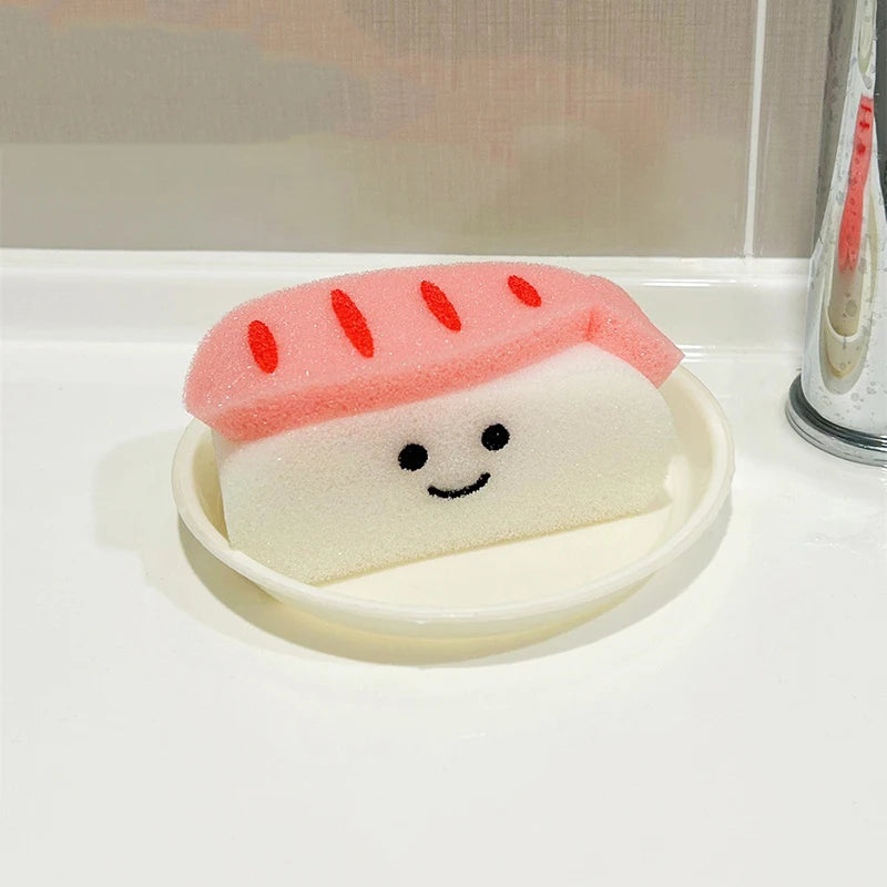Kawaii Sushi Shape Bath Sponge w/ Soap Dish - Exfoliating Shower Puff