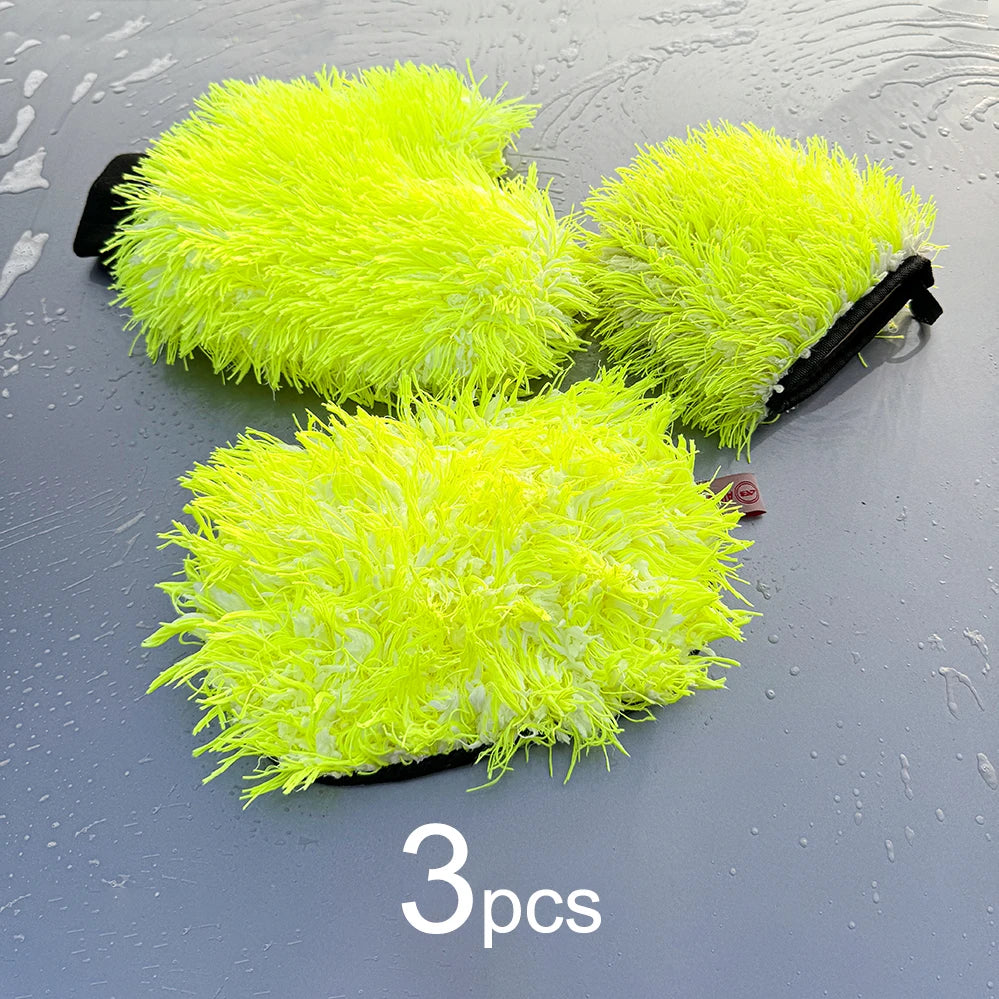 3pcs Microfiber Glove Set Non-Scratch Car Wash Mitt - Fluorescent Yellow