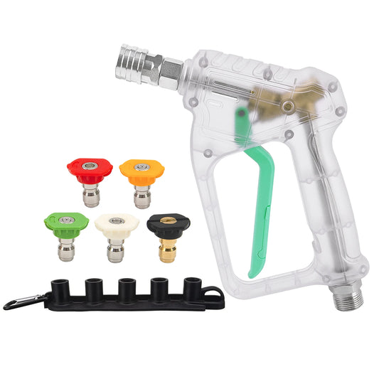 ALL-CLEAR Stubby Pistol Spray Gun - Transparent Clear with Green Trigger Accent - Convenient Pressure Washer Upgrade with 1/4" Quick Connector + 5 Spray Nozzle Tips Set